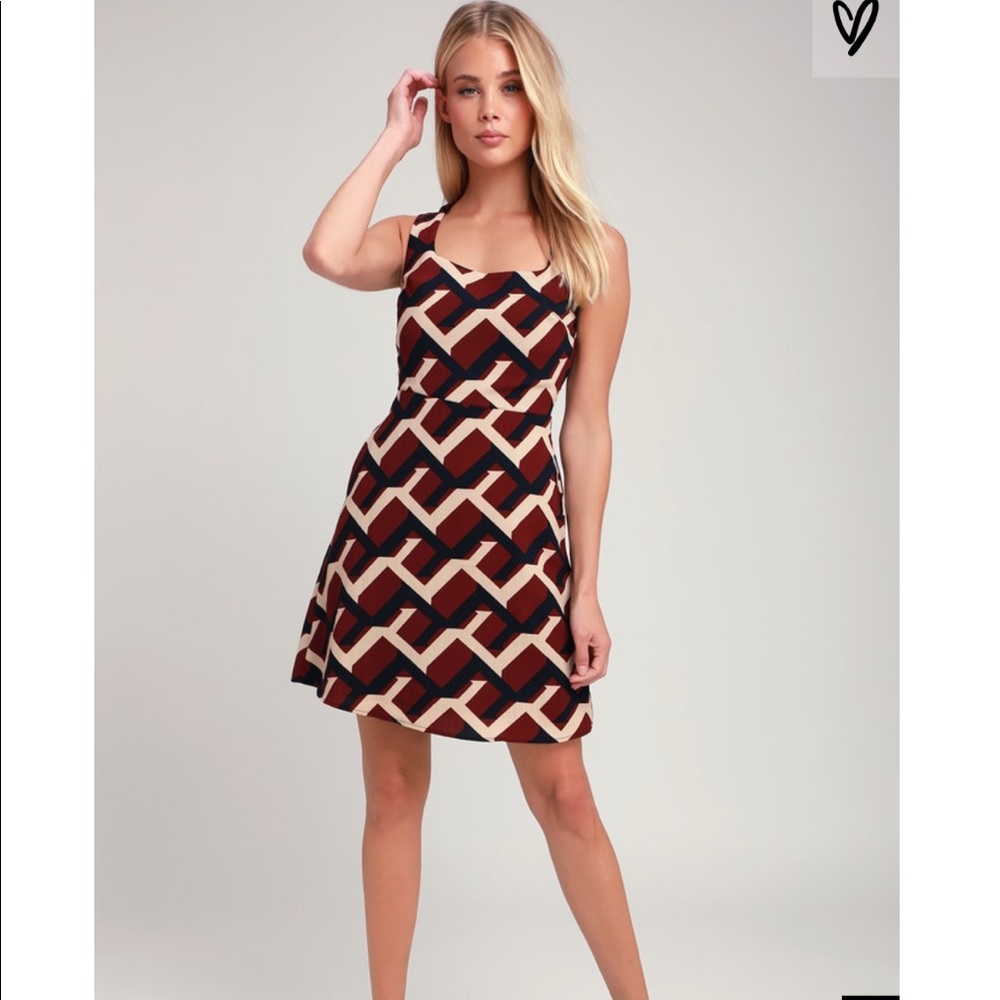 NWT Lulu's DINA BURGUNDY PRINT SQUARE NECK DRESS